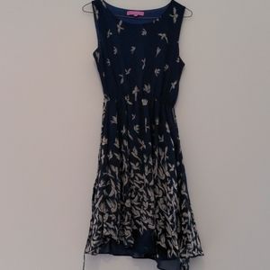 Navy with tan bird print dress, size medium/large, bought in the UK, runs small